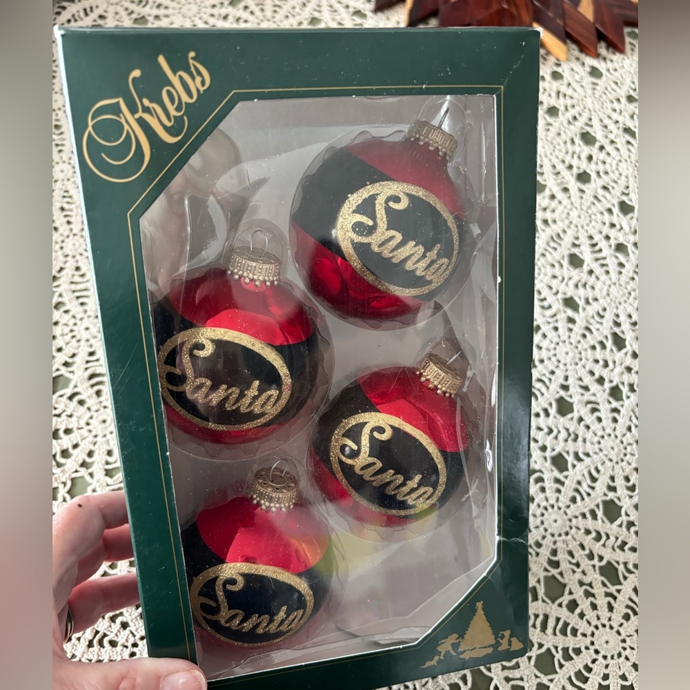 Krebs set of 4 glass vintage Santa ornaments. Red with Santa belt. Preloved